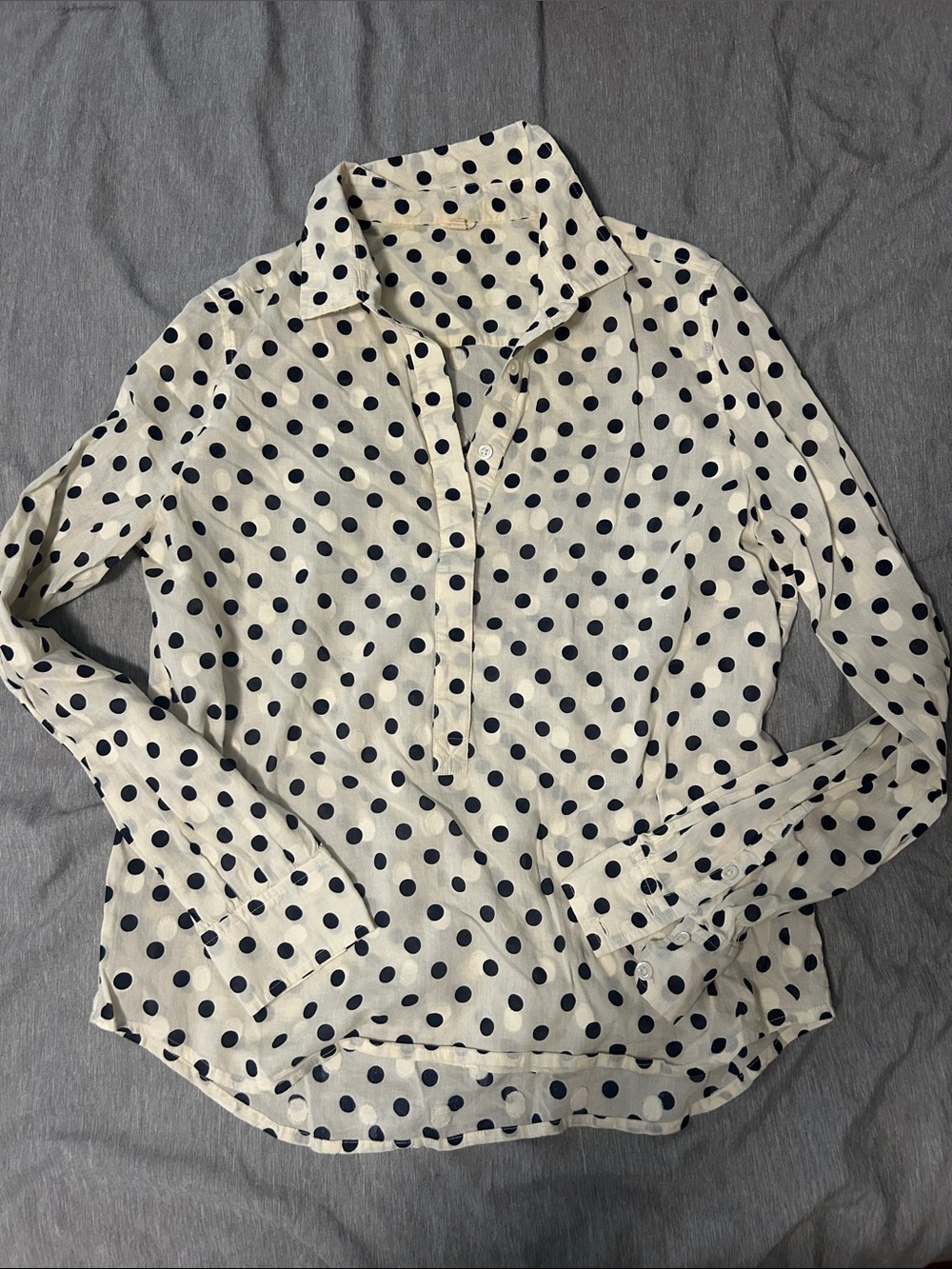 J. Crew White Button-Down Blouse with Navy Polka Dots
